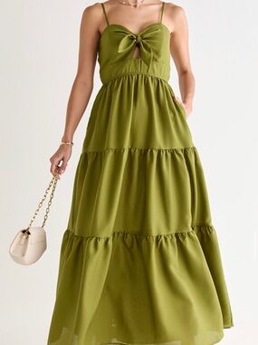 Francesca's Collections Olive Green Tie-Front Tiered Maxi Dress